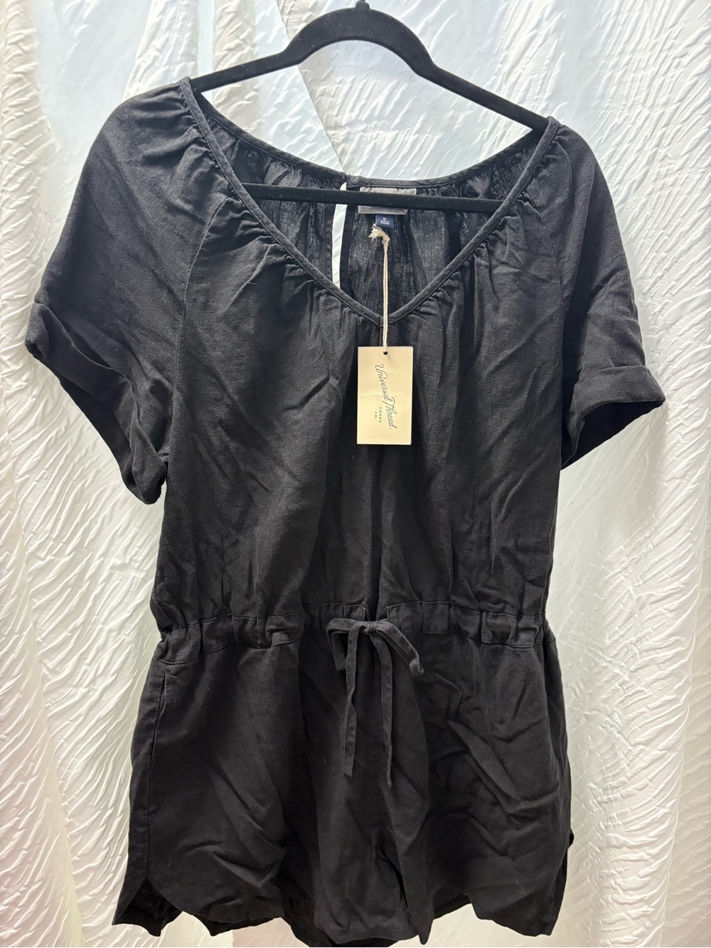 Women's Black Short-Sleeve Drawstring Jumpsuit